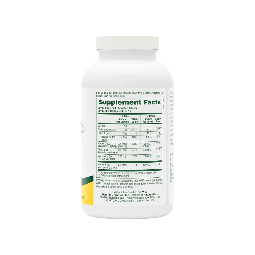 NaturesPlus Cal/Mag/D3/K2 Vanilla supplement facts panel with dosage and serving size