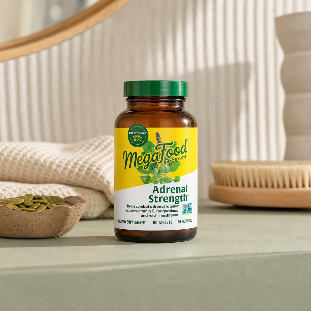 MegaFood Adrenal Strength 60 Tablets bottle in a clean lifestyle scene with fruit and botanicals