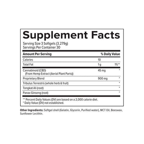 +PlusCBD Ignite Male Performance Softgels supplement facts panel listing ingredients, dosage, and serving size