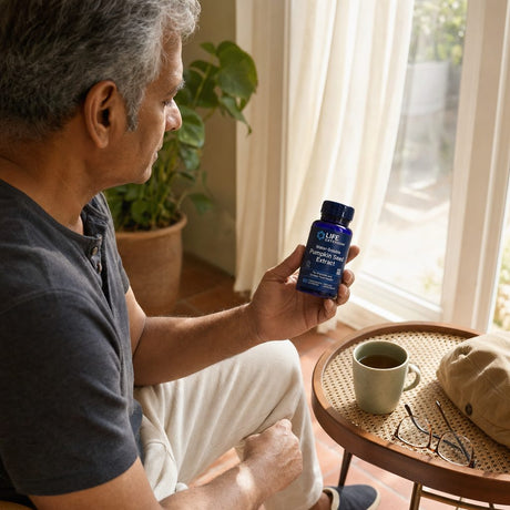 Life Extension Water-Soluble Pumpkin Seed Extract capsules beside a glass of water
