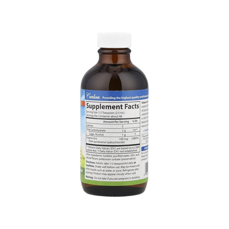 Carlson Vitamin B-6 Liquid supplement facts panel listing ingredients, dosage, and serving size