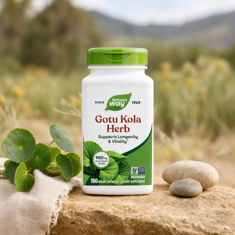 Nature's Way Gotu Kola bottle angled to show vegan and gluten free label details