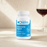 Diem Histamine Digest with DAO 60 Capsules bottle beside a meal with fermented foods