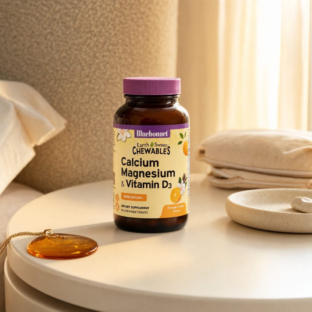 Bluebonnet EarthSweet Calcium Magnesium Vitamin D3 Orange Vanilla chewables on a kitchen counter
