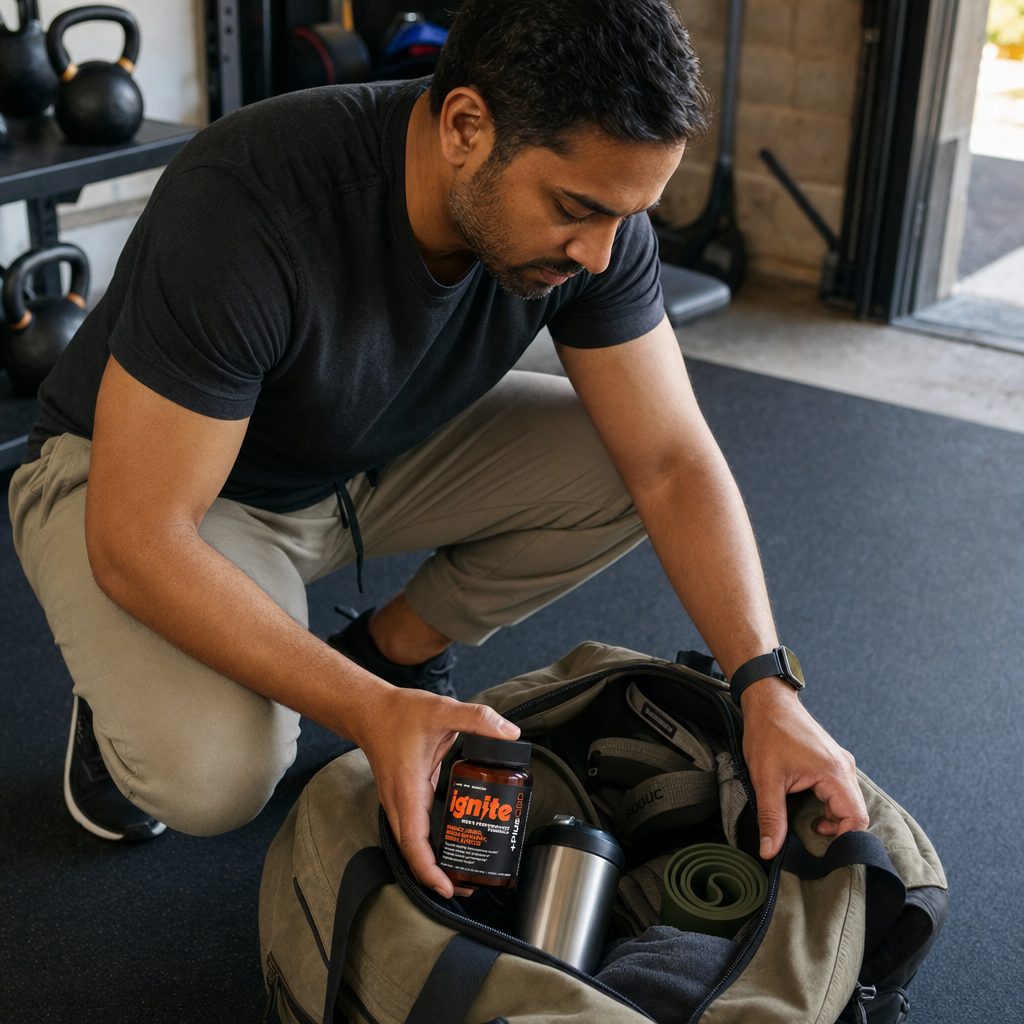 +PlusCBD Ignite Male Performance Softgels front and back bottle views showing product label details