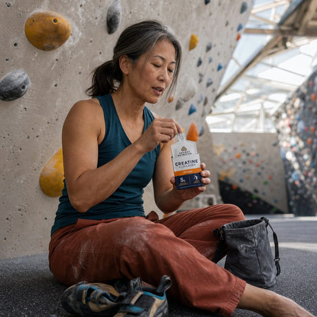 Ancient Nutrition Creatine + Collagen Gel Packs Orange single-serving pouch beside a beverage
