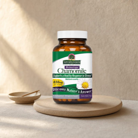 Nature's Answer Chamomile 90 capsules beside a mug in a calm bedtime setting