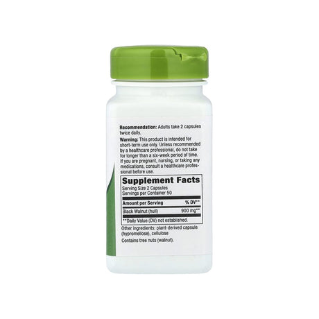 Nature's Way Black Walnut Hulls supplement facts panel listing ingredients, dosage, and serving size
