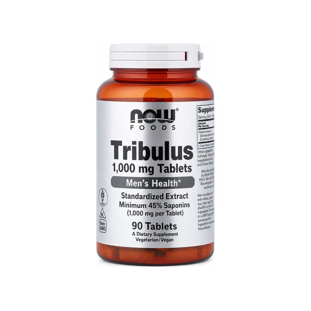 NOW Foods Tribulus 1000 mg 180 tablets front bottle with Vegan, Non-GMO, and Kosher K icons