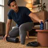 Man setting Life Extension Magnesium Caps 500 mg bottle on a kitchen counter with morning supplements