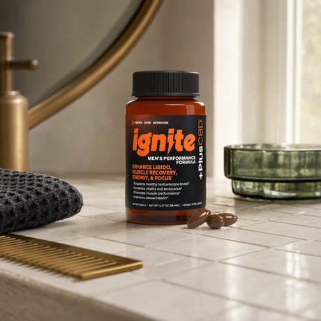 +PlusCBD Ignite Male Performance Softgels bottle with CBD, Tribulus, Tongkat Ali, and ginseng callouts