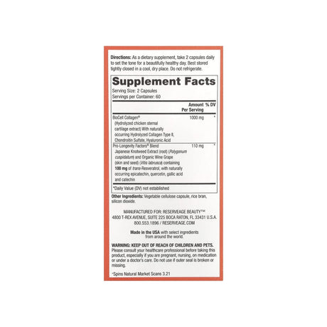Reserveage Collagen Booster supplement facts panel listing ingredients, dosage, and serving size