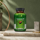Irwin Naturals Testosterone UP bottle with liquid softgels arranged beside it