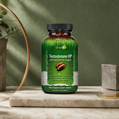 Irwin Naturals Testosterone UP bottle with liquid softgels arranged beside it