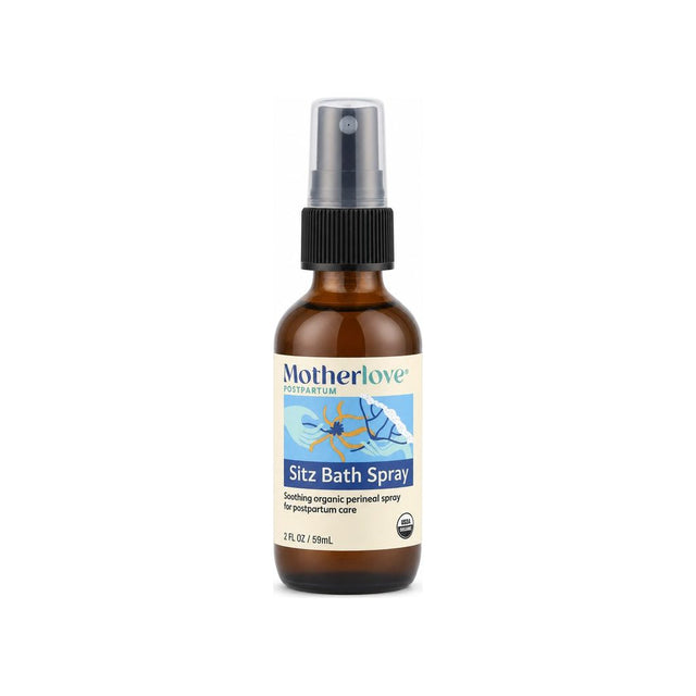 Motherlove Sitz Bath Spray 2 oz front bottle and box with organic postpartum perineal spray label