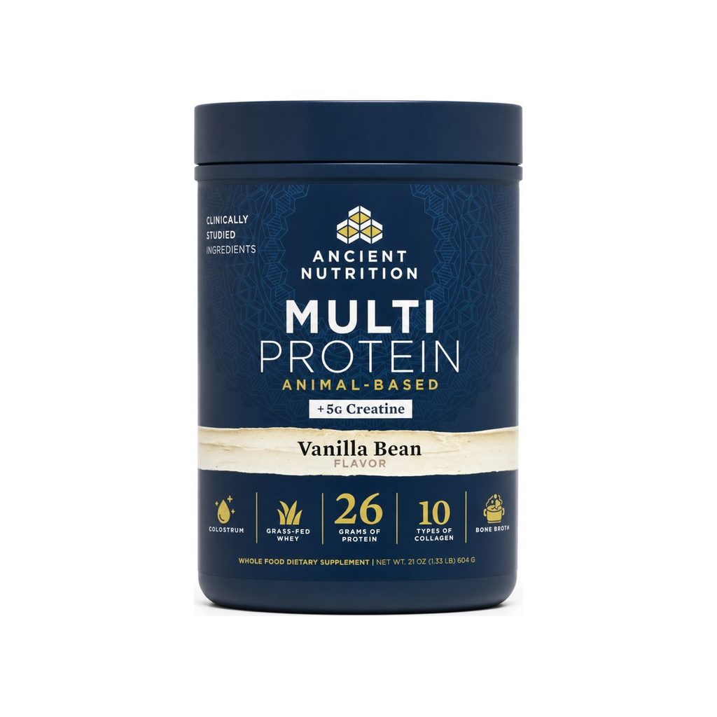 Ancient Nutrition Multi Protein + Creatine Vanilla Bean tub front label