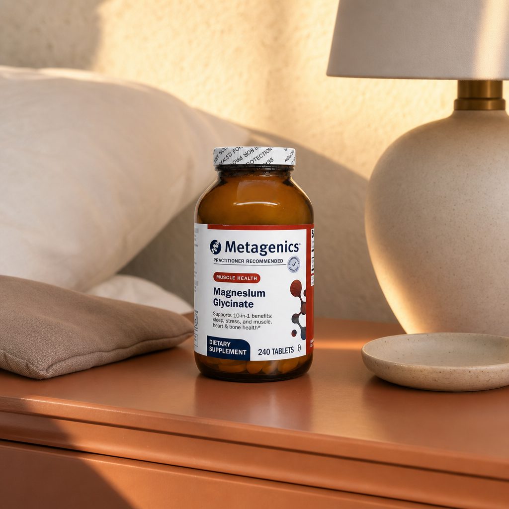 Metagenics Magnesium Glycinate 240 tablets bottle on a counter with tablets for a daily routine