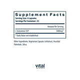 Vital Nutrients Glutamine 3400mg supplement facts panel listing ingredients, dosage, and serving size