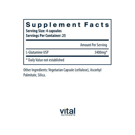 Vital Nutrients Glutamine 3400mg supplement facts panel listing ingredients, dosage, and serving size