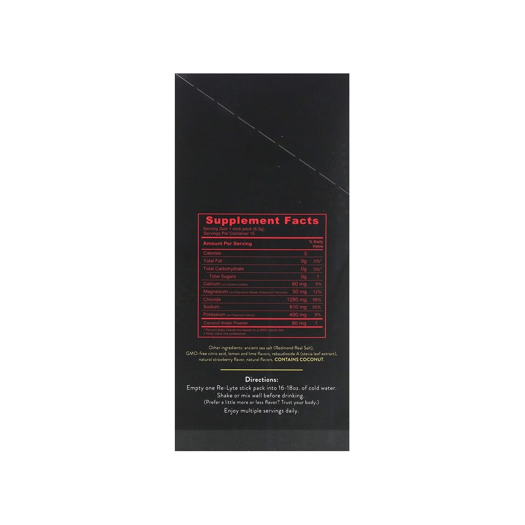Redmond Re-Lyte Strawberry Lemonade supplement facts panel listing ingredients and serving size