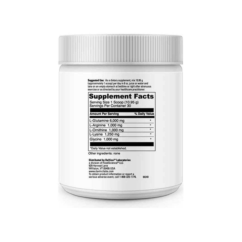DaVinci Laboratories Maxi-HGH Powder supplement facts panel listing ingredients, dosage, and serving size