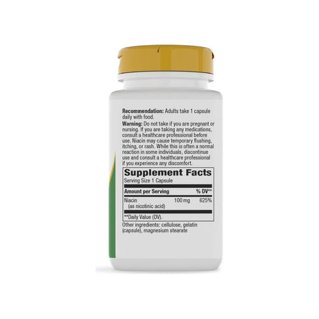 Nature's Way Niacin Vitamin B3 100 mg supplement facts panel listing ingredients and serving size