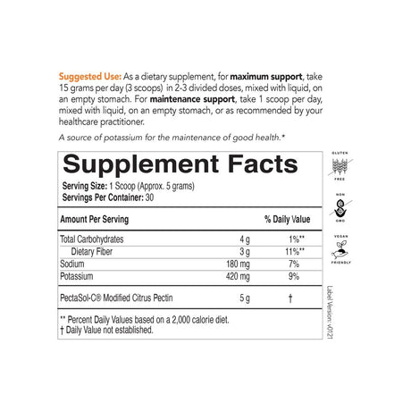 EcoNugenics PectaSol Modified Citrus Pectin Powder supplement facts panel with dosage and serving size