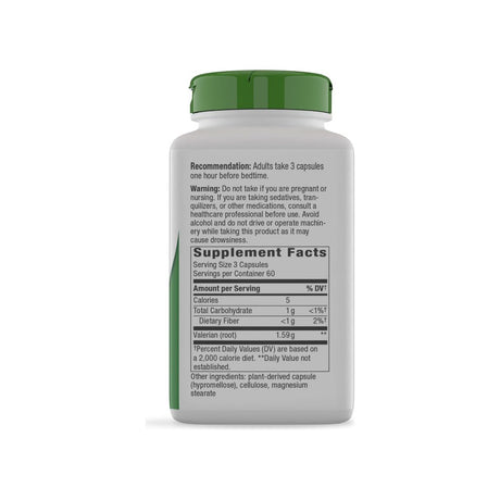 Nature's Way Valerian Root supplement facts panel listing ingredients, dosage, and serving size