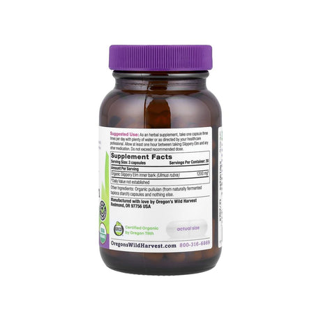 Oregon's Wild Harvest Slippery Elm supplement facts panel listing ingredients, dosage, and serving size