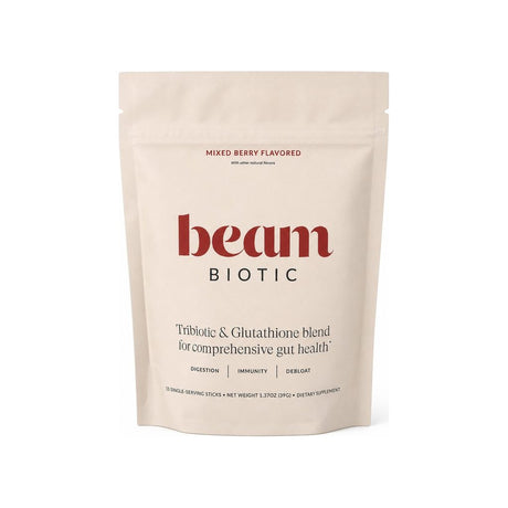 Beam Biotic Mixed Berry 15-stick carton and individual drink powder packet