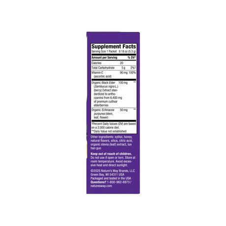 Nature's Way Sambucus Immune Elderberry Hot Drink Mix supplement facts panel with ingredients and serving size