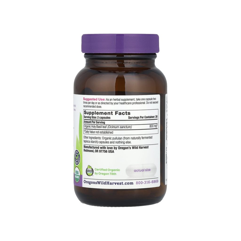 Oregon's Wild Harvest Holy Basil Capsules supplement facts panel listing ingredients, dosage, and serving size