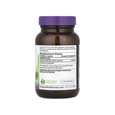 Oregon's Wild Harvest Holy Basil supplement facts panel listing ingredients, dosage, and serving size