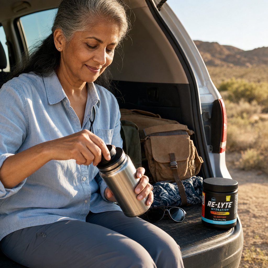 Redmond Re-Lyte Strawberry Lemonade electrolyte powder mixed for an active hydration routine