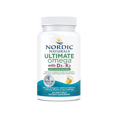 Nordic Naturals Ultimate Omega Plant-Based with D3+K2 60 soft gels front box and bottle