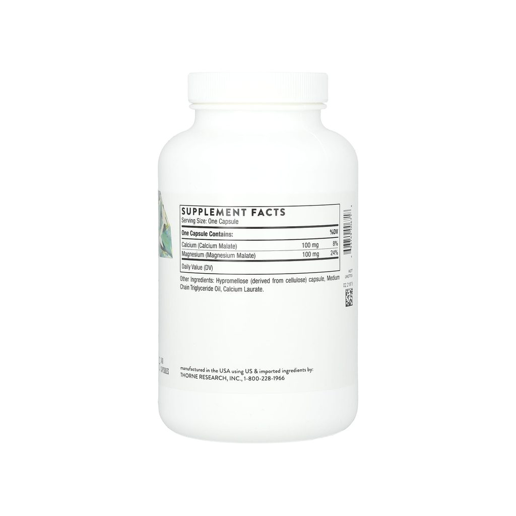 Thorne Calcium-Magnesium Malate supplement facts panel listing ingredients, dosage, and serving size