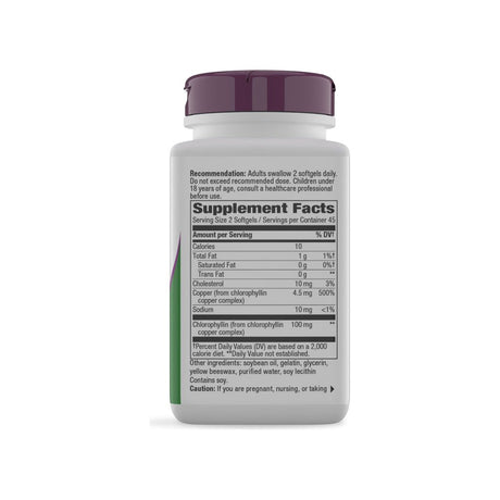Nature's Way Chlorofresh supplement facts panel listing ingredients, dosage, and serving size