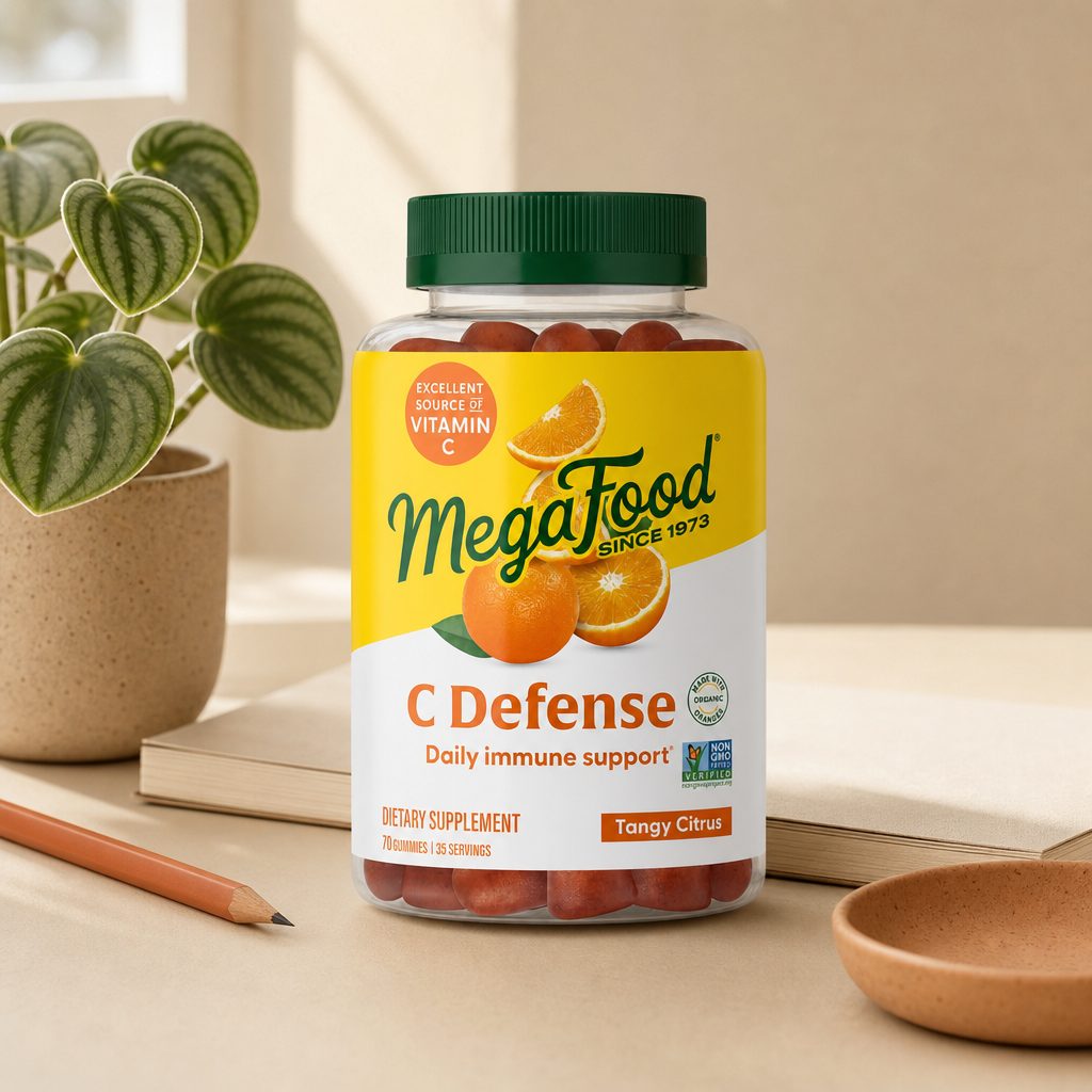 MegaFood C Defense Daily Immune Support Gummies citrus flavor graphic with bottle