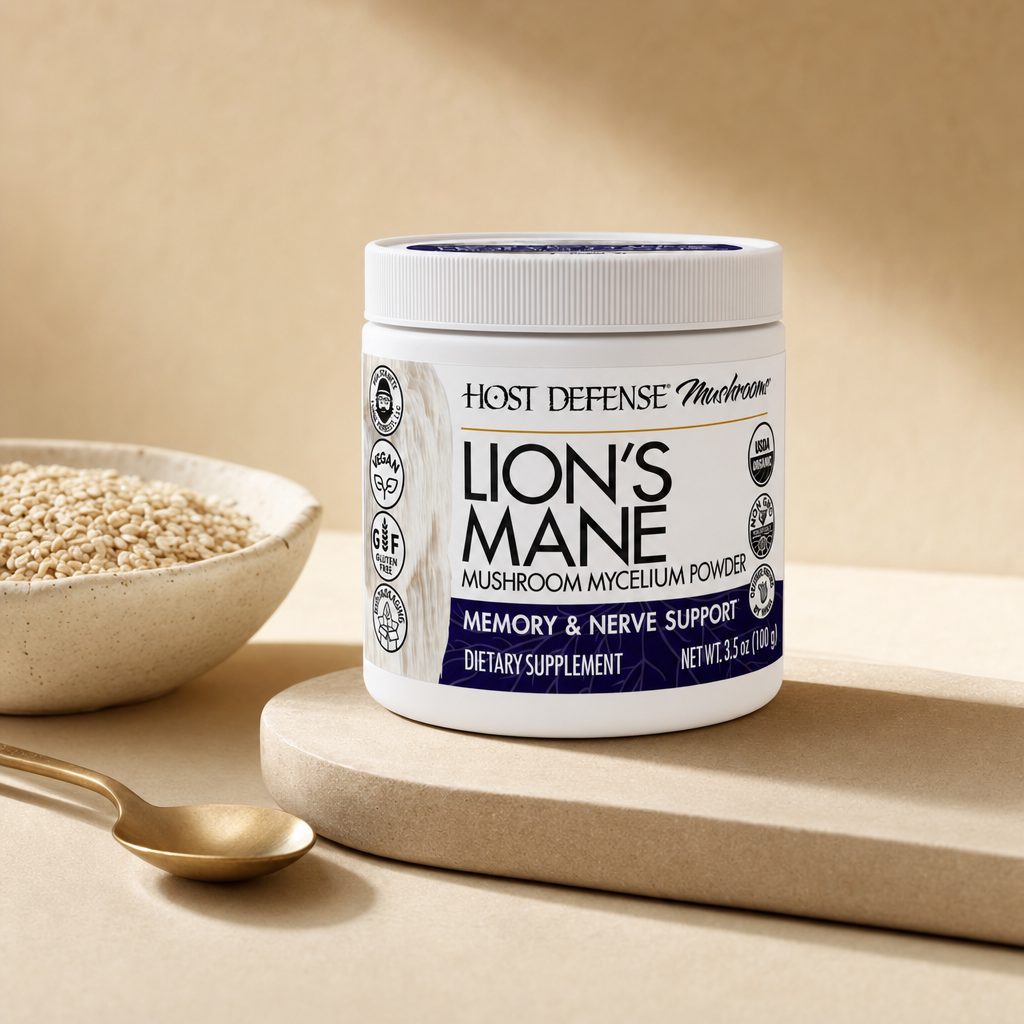 Host Defense Lion's Mane Mushroom Powder mixed into a daily beverage routine