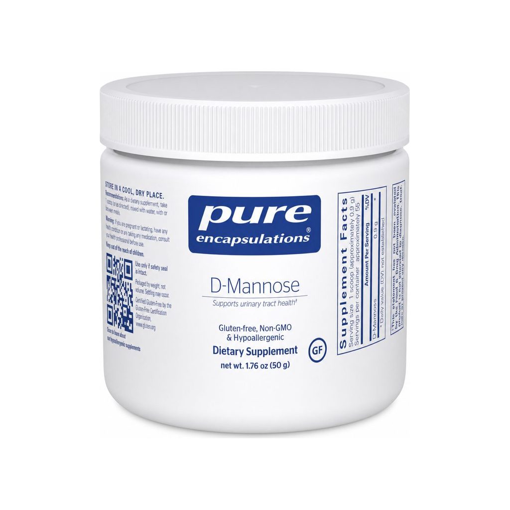 Pure Encapsulations D-Mannose Powder 50g front bottle with gluten-free and non-GMO label details