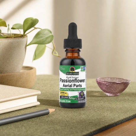 Nature's Answer Passionflower Alcohol-Free liquid extract bottle in a wellness routine scene