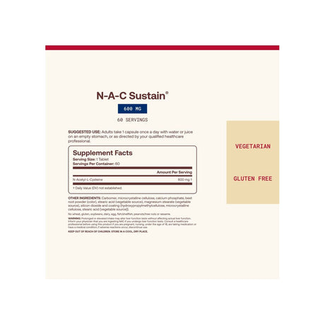 Jarrow Formulas N-A-C Sustain 600 mg label panel with supplement facts, suggested use and warnings