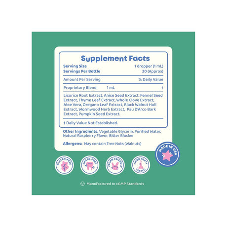 JoySpring ParaPatrol Drops supplement facts panel listing ingredients, dosage, and serving size