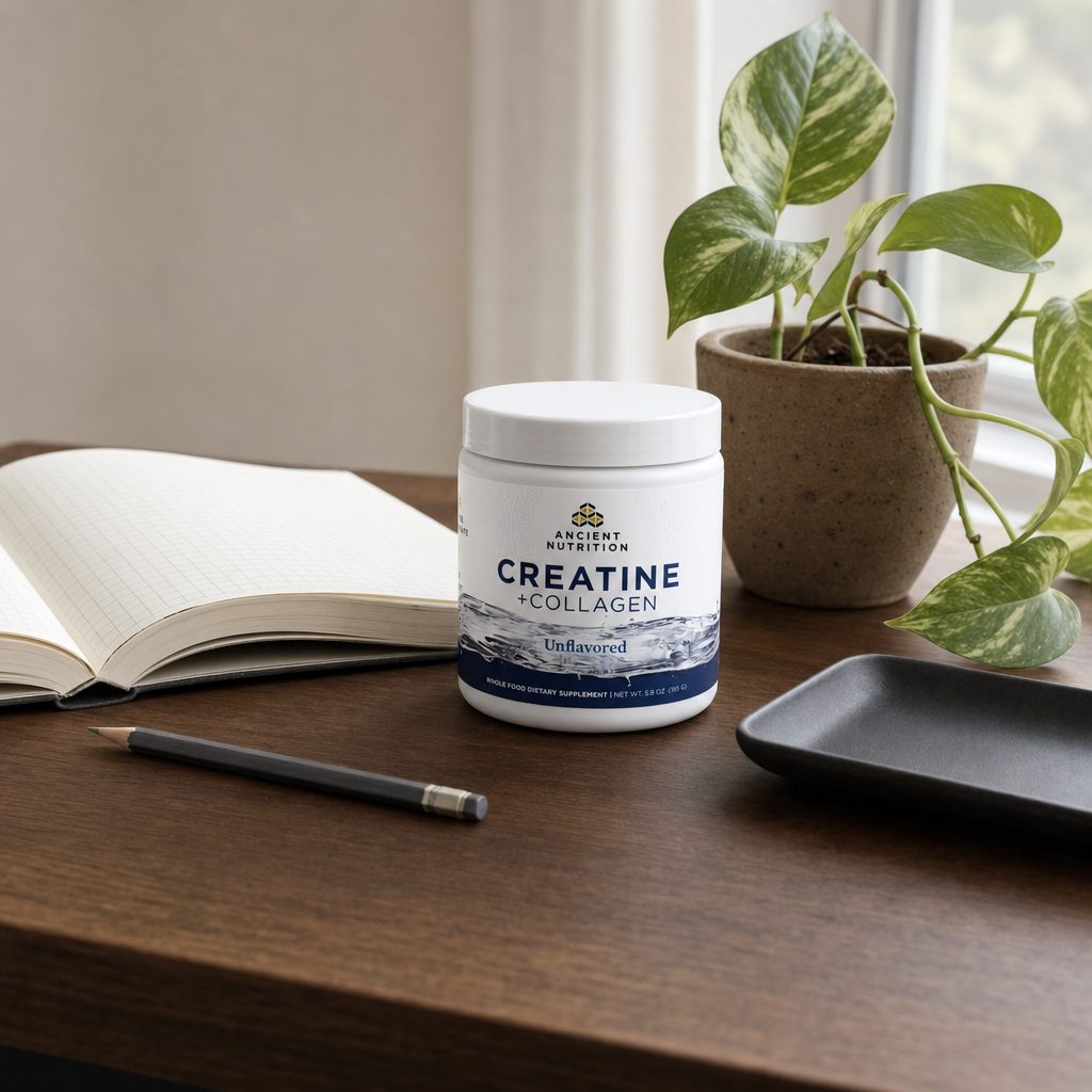 Ancient Nutrition Creatine + Collagen Powder scoop and mixed drink lifestyle scene