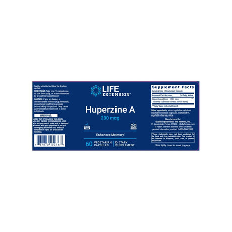 Life Extension Huperzine A 200 mcg supplement facts panel listing ingredients, dosage, and serving size