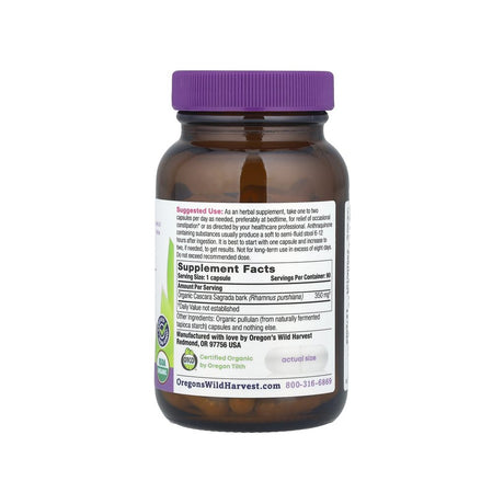 Oregon's Wild Harvest Cascara Sagrada supplement facts panel listing ingredients, dosage, and serving size