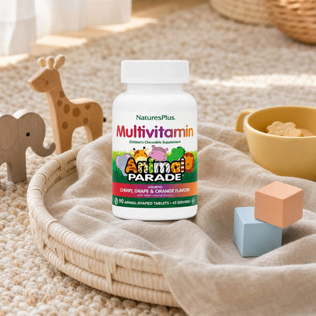 NaturesPlus Animal Parade Children's Chewable Multi animal-shaped tablets in assorted fruit flavors
