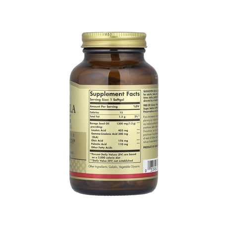 Solgar Super GLA 300mg supplement facts panel listing ingredients and serving size