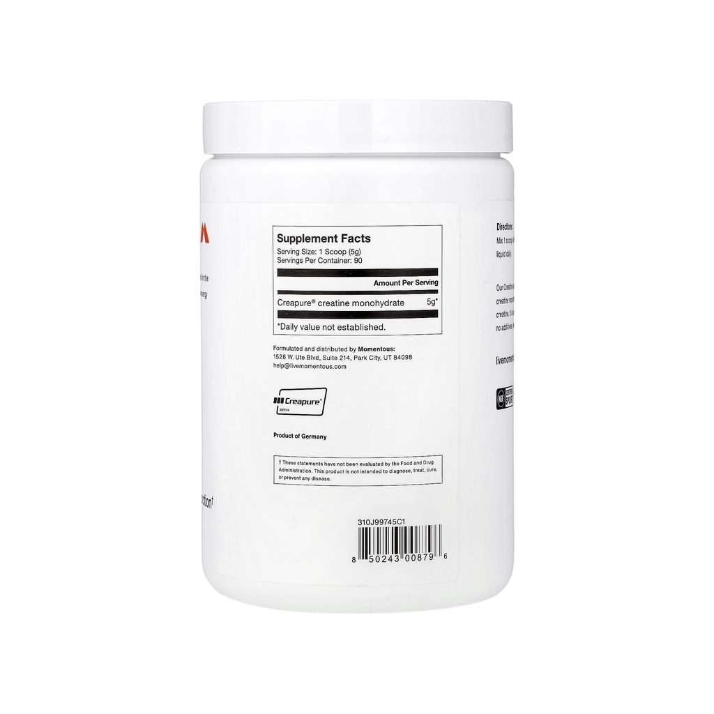 Momentous Creatine Powder supplement facts panel listing creatine dosage and serving size