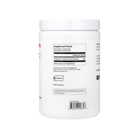 Momentous Creatine Powder supplement facts panel listing creatine dosage and serving size